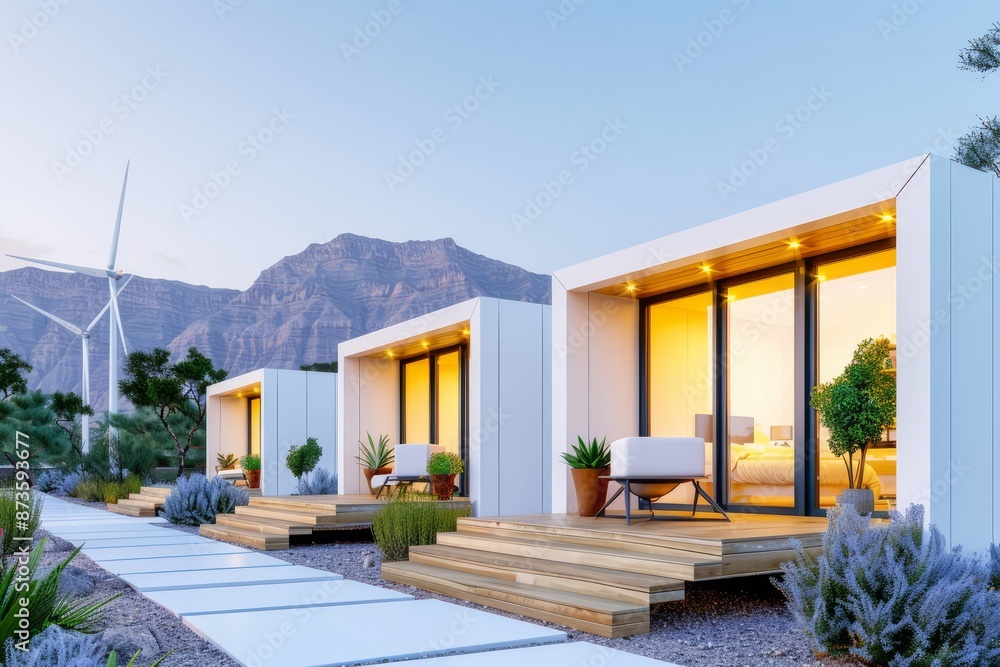 Modern eco-friendly tiny houses with outdoor seating, mountain background, and wind turbine on sustainable landscape at dusk. Modern eco-friendly tiny houses with outdoor seating, mountain background, and wind turbine on sustainable landscape at dusk.