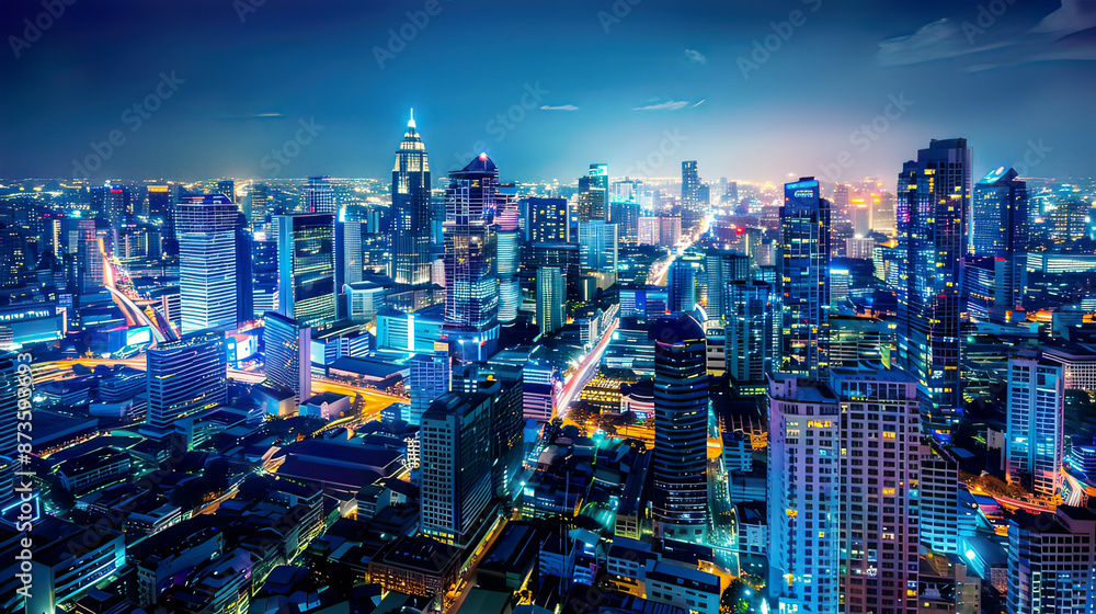 Obraz premium Ultra-detailed view of an abstract Bangkok skyline at night with bright wireless network lines connecting modern architecture deep blue sky city lights reflecting on surfaces