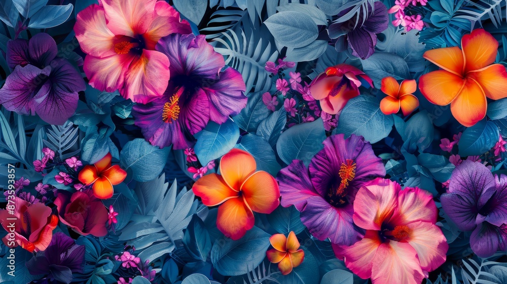custom made wallpaper toronto digitalVibrant tropical floral pattern with colorful flowers and lush foliage, perfect for backgrounds, wallpapers, and design projects.