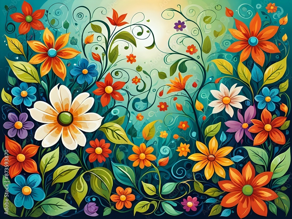 Vibrant floral pattern with swirling vines and bright colors. Vibrant floral pattern with swirling vines and bright colors.