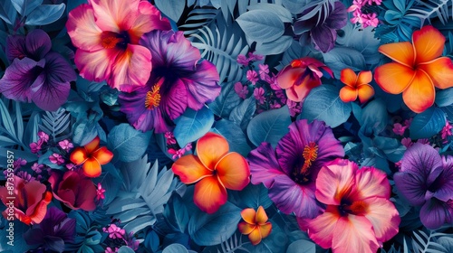 Wallpaper Mural Vibrant tropical floral pattern with colorful flowers and lush foliage, perfect for backgrounds, wallpapers, and design projects. Torontodigital.ca
