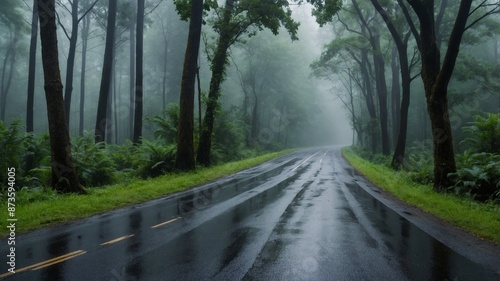 Rain falls around the trees, street in the foggy rain, street in the misty trees, street, trees, rain, foggy, cloudy