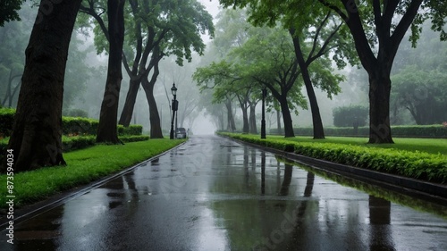Rain falls around the trees, street in the foggy rain, street in the misty trees, street, trees, rain, foggy, cloudy