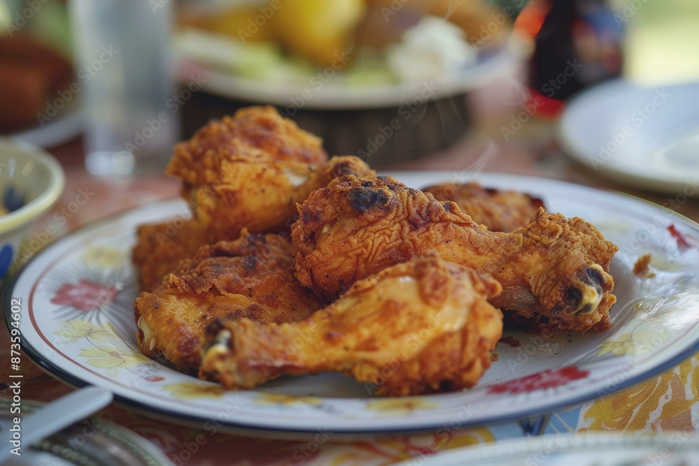 Delicious fried chicken pieces served on a decorative plate ready to be eaten Delicious fried chicken pieces served on a decorative plate ready to be eaten