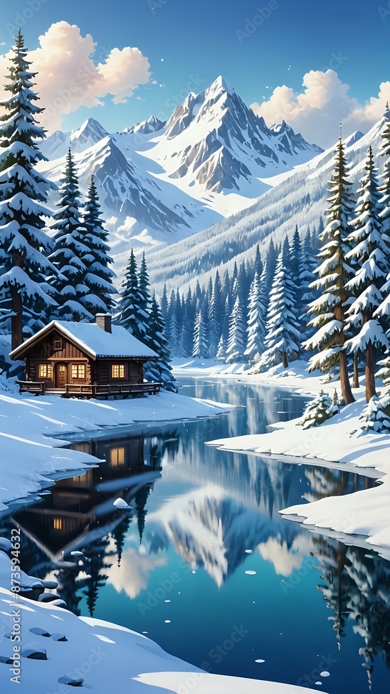 A tranquil winter landscape with a snow-covered forest, a frozen lake, and a cozy cabin surrounded by snow-capped mountains, serene, cold, snowy, peaceful, winter wonderland, holiday season A tranquil winter landscape with a snow-covered forest, a frozen lake, and a cozy cabin surrounded by snow-capped mountains, serene, cold, snowy, peaceful, winter wonderland, holiday season