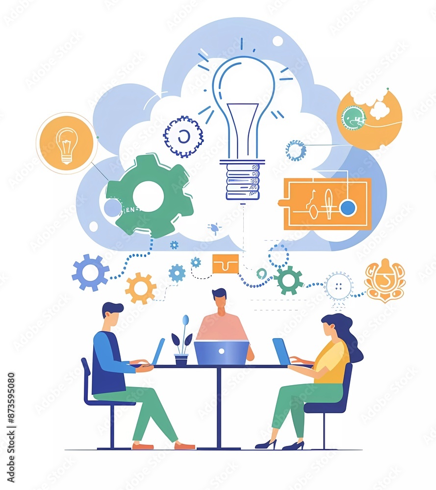 Flat vector illustration of people working together in front of the clouds, with simple lines and flat colors on a white background. Flat vector illustration of people working together in front of the clouds, with simple lines and flat colors on a white background.