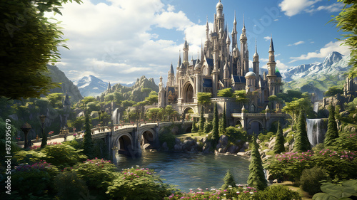 Asian chinese cartoon style blue colors pagoda temple tower, Generative AI.