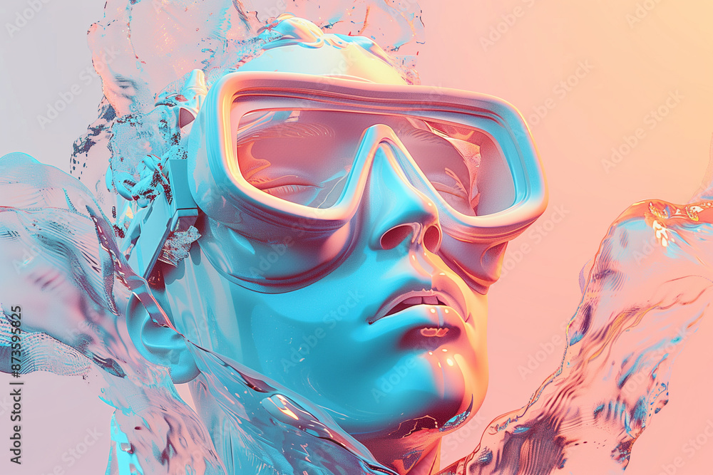Abstract fluid Liquid pastel woman face with diving googles. Creating a dreamy, ethereal visual. Minimalism art and futuristic Fashion Surreal. Abstract fluid Liquid pastel woman face with diving googles. Creating a dreamy, ethereal visual. Minimalism art and futuristic Fashion Surreal.