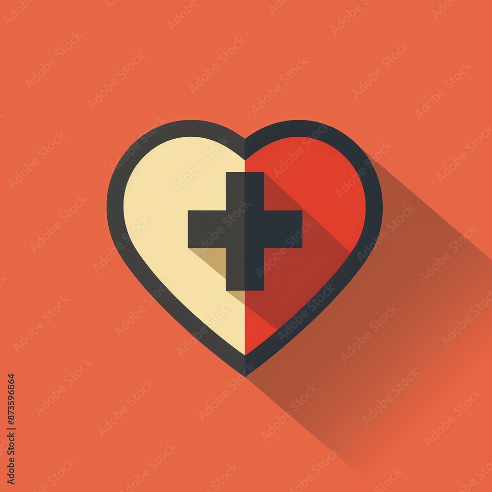 Fototapeta premium Simple and clean heart icon with a cross inside, flat design, minimalistic color palette, vector style