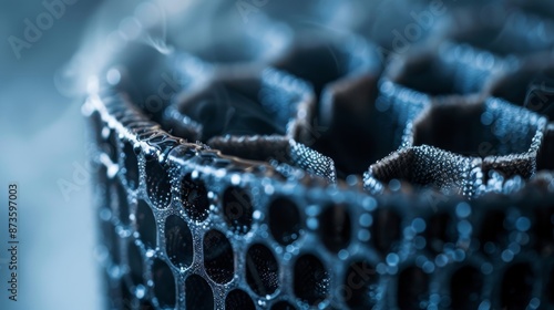 A magnified view of the activated carbon filter cartridge highlighting its ability to remove odors and chemicals from the water.