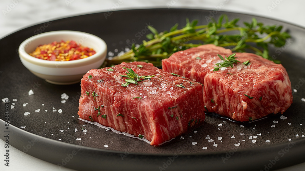 photograph of two pieces of beef steaks that are set on a black plate. professional photography. photograph of two pieces of beef steaks that are set on a black plate. professional photography.