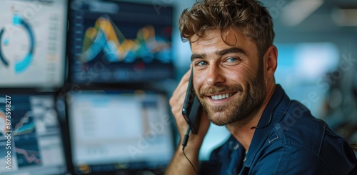 Smiling Man Talking On Phone In Office With Data Screens