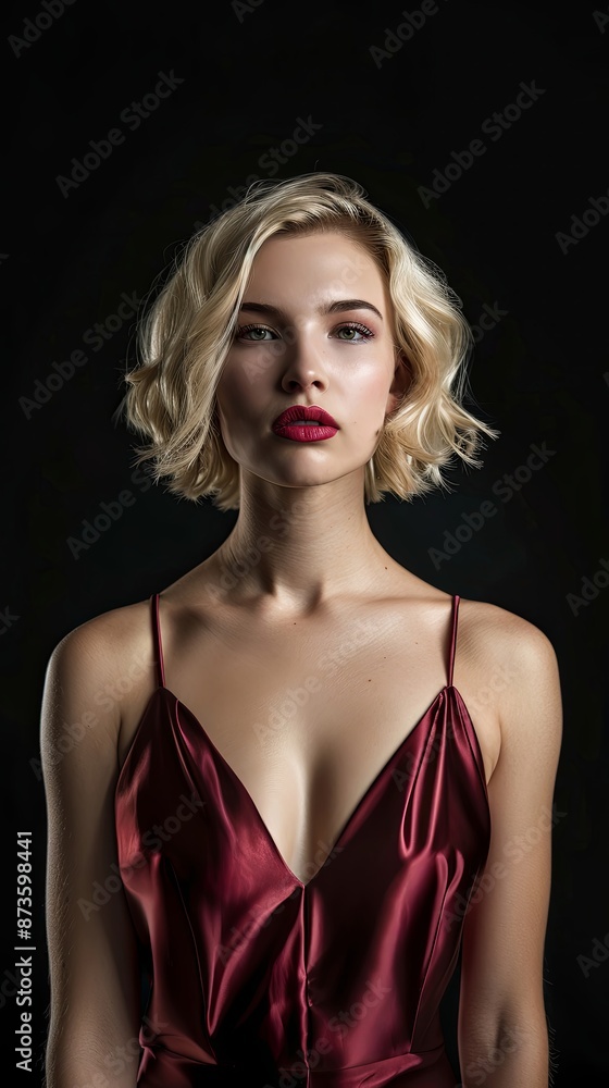 The blond woman is elegantly dressed in a red dress with sleeves that hit at the thigh, accentuating her waist. She pairs the outfit with bold magenta lipstick, making a statement at the formal event The blond woman is elegantly dressed in a red dress with sleeves that hit at the thigh, accentuating her waist. She pairs the outfit with bold magenta lipstick, making a statement at the formal event