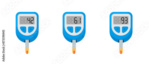 Glucometer set. Diabetic glucose measuring device. Normal, risk and high blood sugar level test control. Diabetes indication measurement collection vector eps isolated