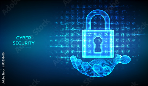 Lock. Cyber security. Padlock with keyhole icon made with binary code in wireframe hand. Protect and Security or Safe concept. Information privacy. Digital code background with digits 1.0. Vector.
