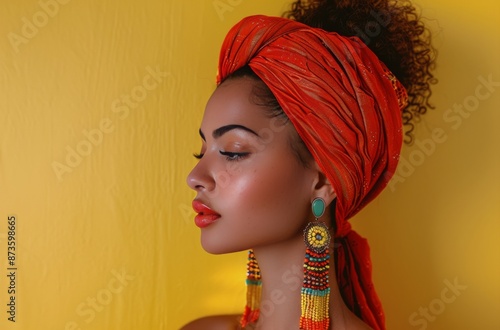 Profile Portrait of a Woman Wearing a Red Head Wrap and Long Beaded Earrings