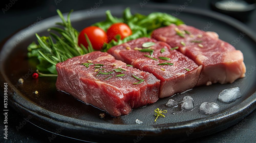 Steak, Japanese and beef, fresh, ice, on a cabbage plate with a monochrome background. Steak, Japanese and beef, fresh, ice, on a cabbage plate with a monochrome background.