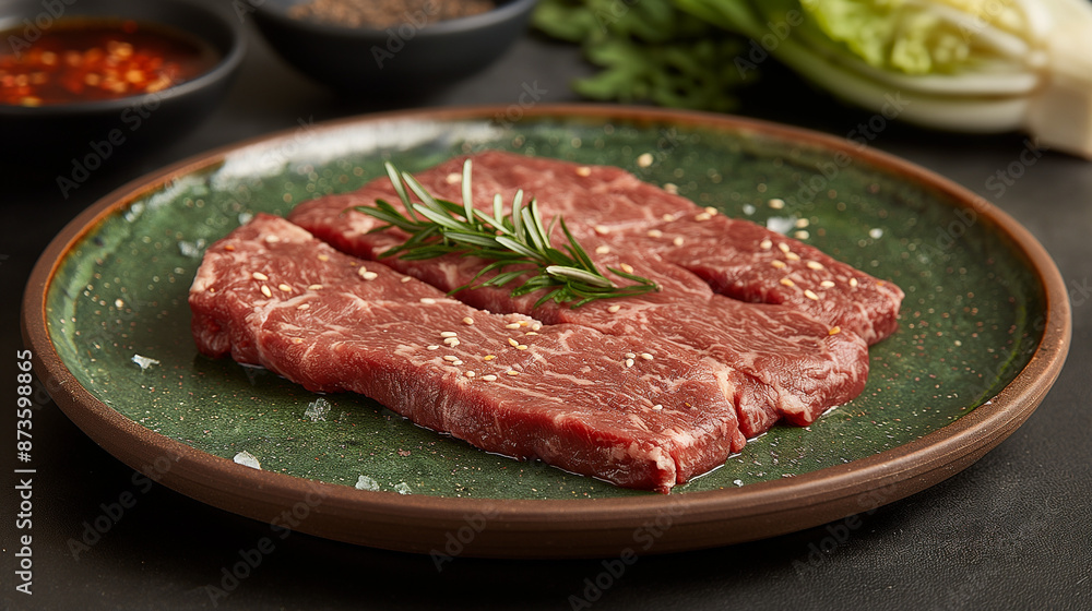 Steak, Japanese and beef, fresh, ice, on a cabbage plate with a monochrome background. Steak, Japanese and beef, fresh, ice, on a cabbage plate with a monochrome background.