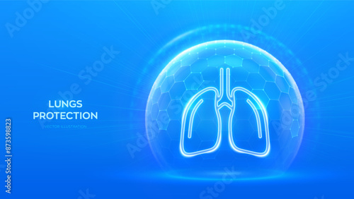 Lungs care and protection. Healthy lungs medical concept. Human respiratory system anatomy lungs organ icon inside protection sphere shield with hexagon pattern on blue background. Vector illustration