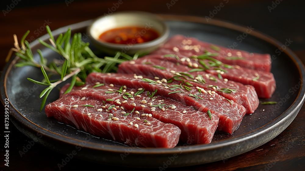 A plate of raw Wagyu beef,bright and cheerful, volumetrics, light colors, depth of field. A plate of raw Wagyu beef,bright and cheerful, volumetrics, light colors, depth of field.