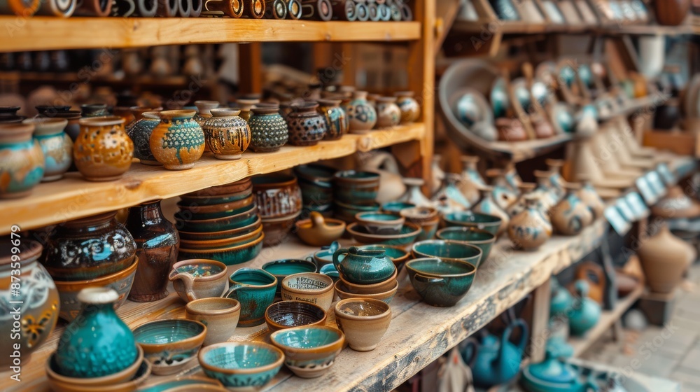 Artisan Pottery on Wooden Shelves Artisan Pottery on Wooden Shelves