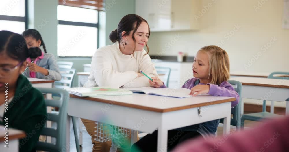 Teacher, woman and help kid for education, studying or writing knowledge in book at class. Child, happy educator and student learning in lesson for development, teaching and support in kindergarten Teacher, woman and help kid for education, studying or writing knowledge in book at class. Child, happy educator and student learning in lesson for development, teaching and support in kindergarten