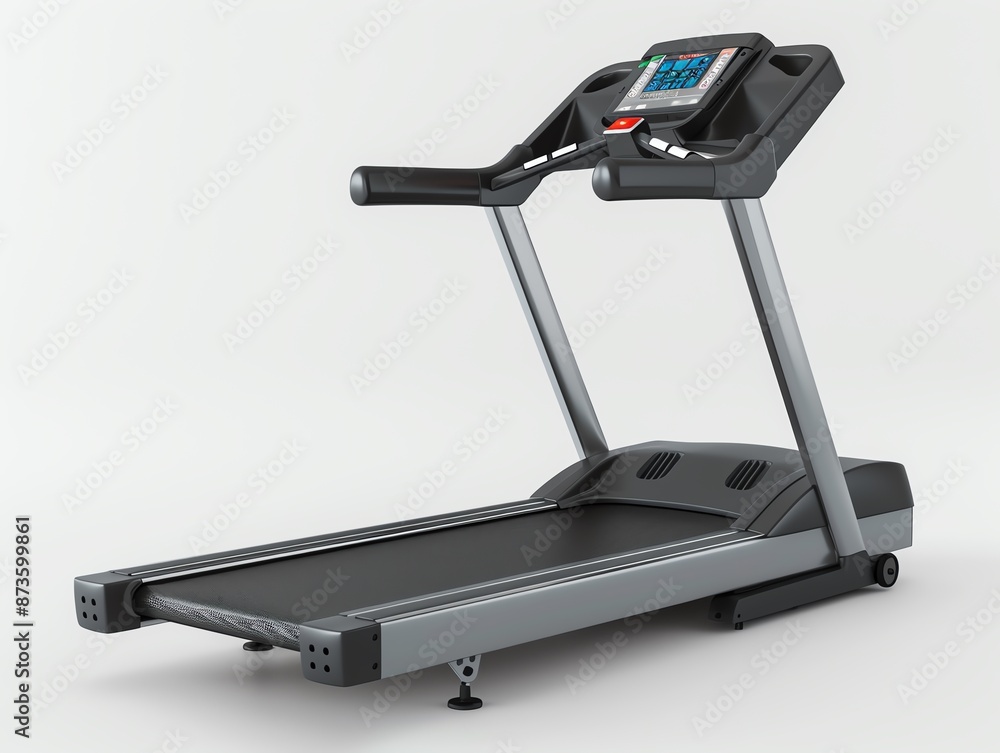Treadmill with incline, high-tech display, black and silver, isolated on white background Treadmill with incline, high-tech display, black and silver, isolated on white background