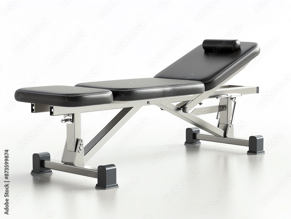 Weight bench with adjustable positions, padded surface, black and silver, isolated on white background Weight bench with adjustable positions, padded surface, black and silver, isolated on white background