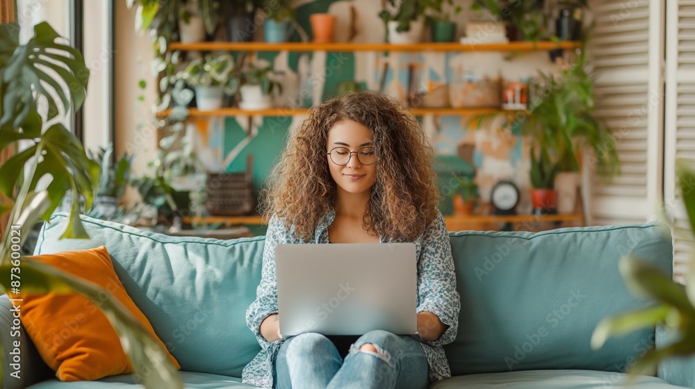 Overweight woman working on laptop from home office
Overweight woman working on laptop from home office