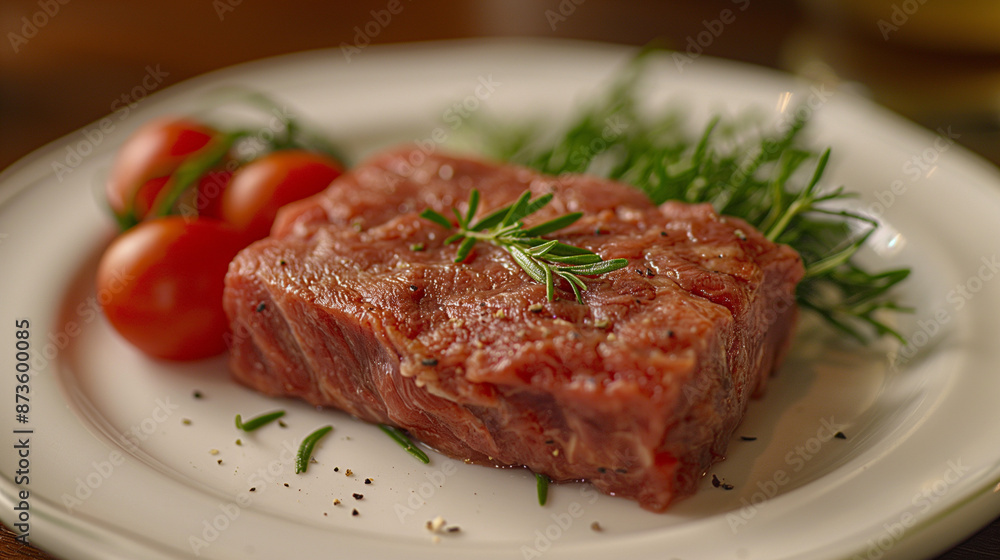 Top view, close up of A raw wagu steak in a white plate, table set,White table clothes background, Top view, close up of A raw wagu steak in a white plate, table set,White table clothes background,