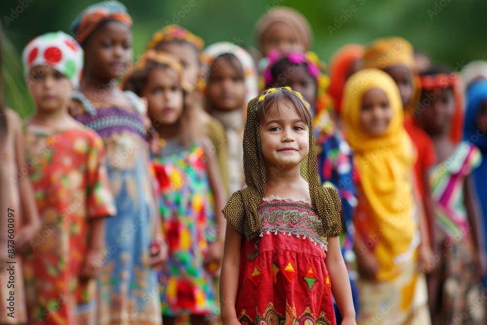 Young girl in a vibrant ethnic dress smiles proudly among a group of colorfully attired peers Young girl in a vibrant ethnic dress smiles proudly among a group of colorfully attired peers