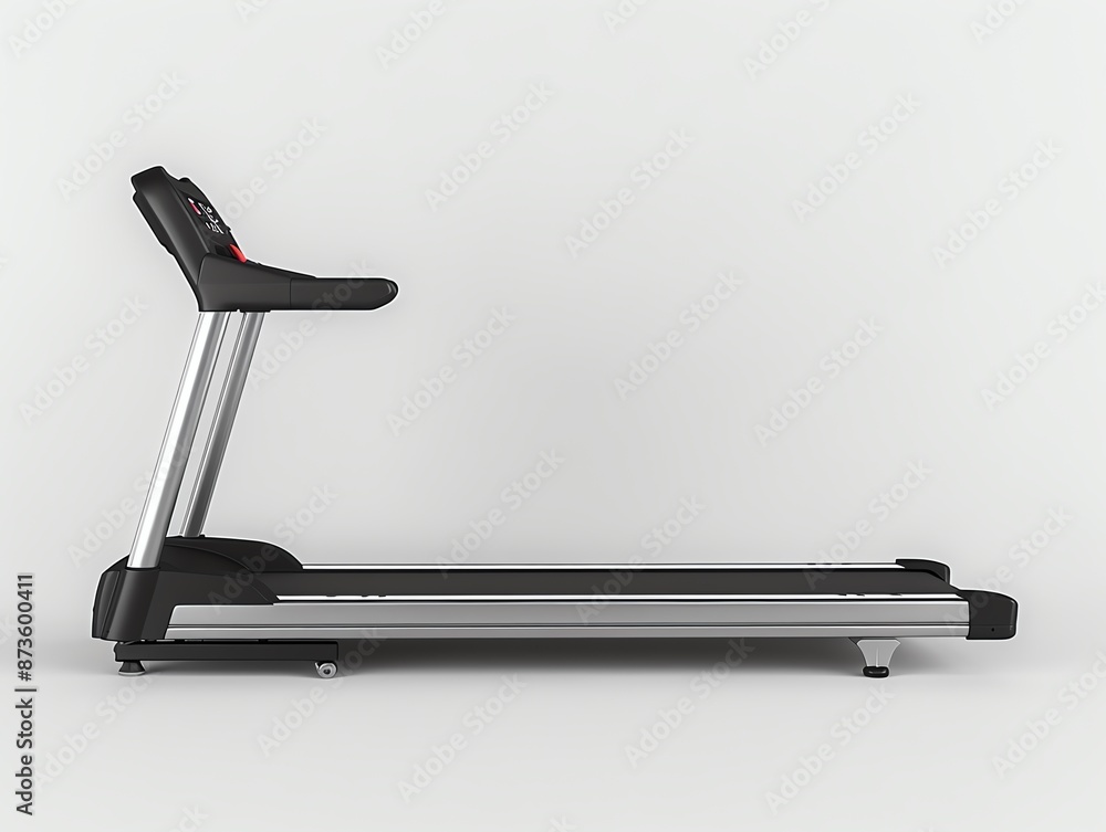 Compact treadmill with digital display, black and silver, isolated on white background Compact treadmill with digital display, black and silver, isolated on white background
