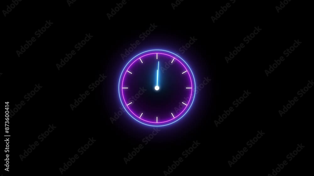 Glowing neon light counting down 24 hour timer clock icon day fast speed animation on black background.