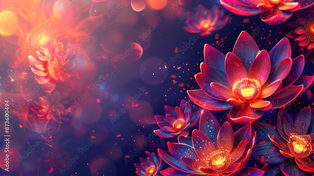 A Serene Digital Portrayal of Vibrant Lotus Flowers Illuminated by Warm Light in a Cosmic Magical Backdrop A Serene Digital Portrayal of Vibrant Lotus Flowers Illuminated by Warm Light in a Cosmic Magical Backdrop
