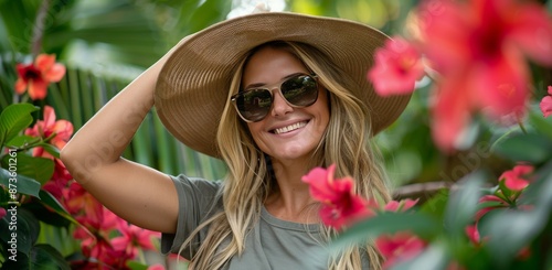 Smiling Woman in a Tropical Garden Wearing a Straw Hat