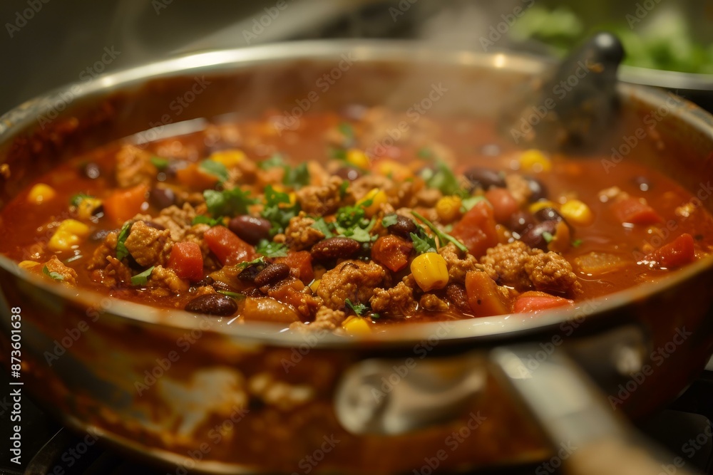Closeup of a savory chili con carne with beans and herbs, steaming in a cooking pan Closeup of a savory chili con carne with beans and herbs, steaming in a cooking pan