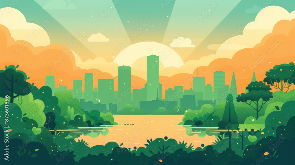 Fototapeta premium Illustration of a sustainable cityscape with skyscrapers surrounded by a vibrant green park, highlighting eco-friendly urban living.