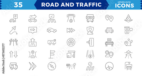 Pixel Perfect Road and traffic line icons collection. Street, transport, directions, drive, crosswalk, UI icon set. Thin outline pack. Way direction arrow sign. Outline icon collection.