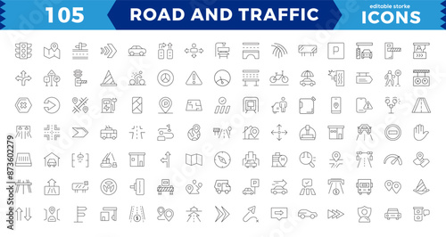 Pixel Perfect Road and traffic line icons collection. Street, transport, directions, drive, crosswalk, UI icon set. Thin outline pack. Way direction arrow sign. Outline icon collection.