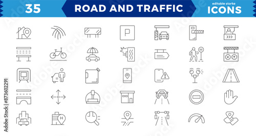Pixel Perfect Road and traffic line icons collection. Street, transport, directions, drive, crosswalk, UI icon set. Thin outline pack. Way direction arrow sign. Outline icon collection.