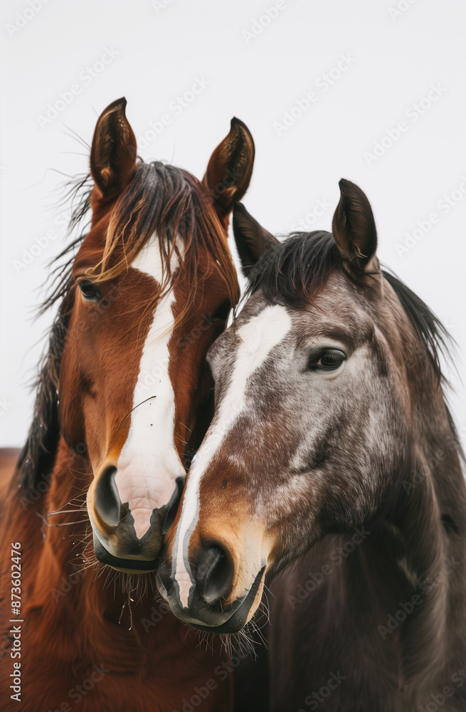 Two Horses Close Up, Brown and Gray, Head to Head
Two Horses Close Up, Brown and Gray, Head to Head