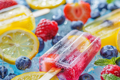 A closeup of colorful popsicles with lemon, blueberry and strawberry slices, placed on an ice cube tray. The popsicle's stick is visible, adding to the fun aesthetic. Blueberries lie scattered around  photo