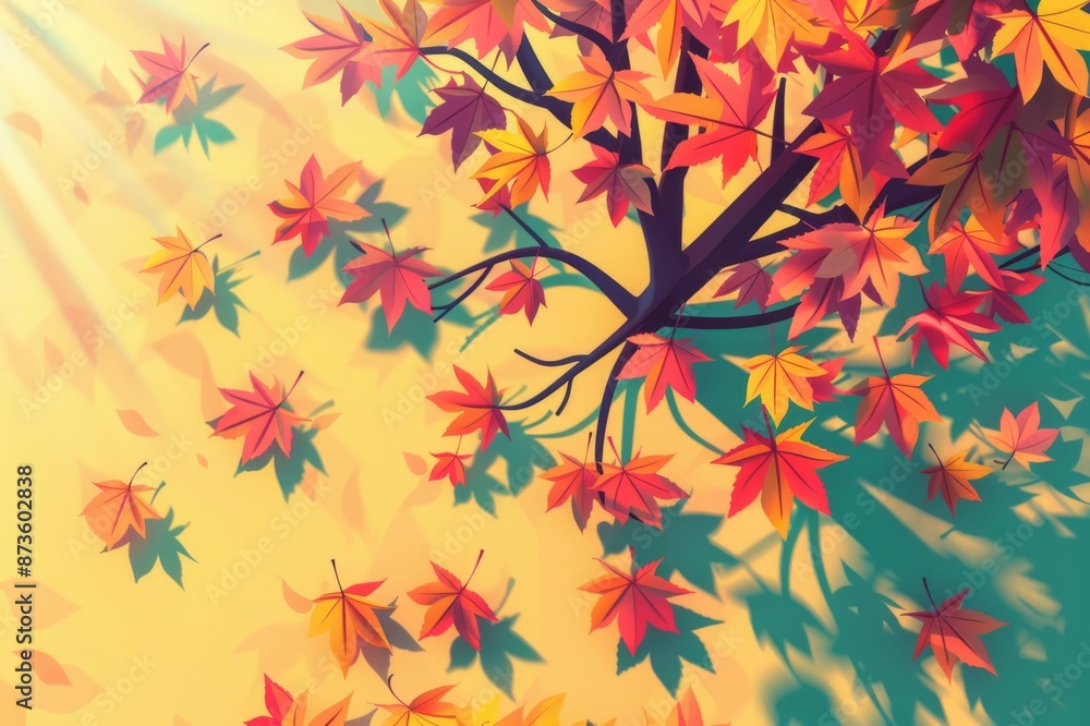 Fototapeta premium Colorful autumn leaves falling from a tree, casting vibrant shadows. Sunlight filtering through the leaves creating a warm, picturesque scene.