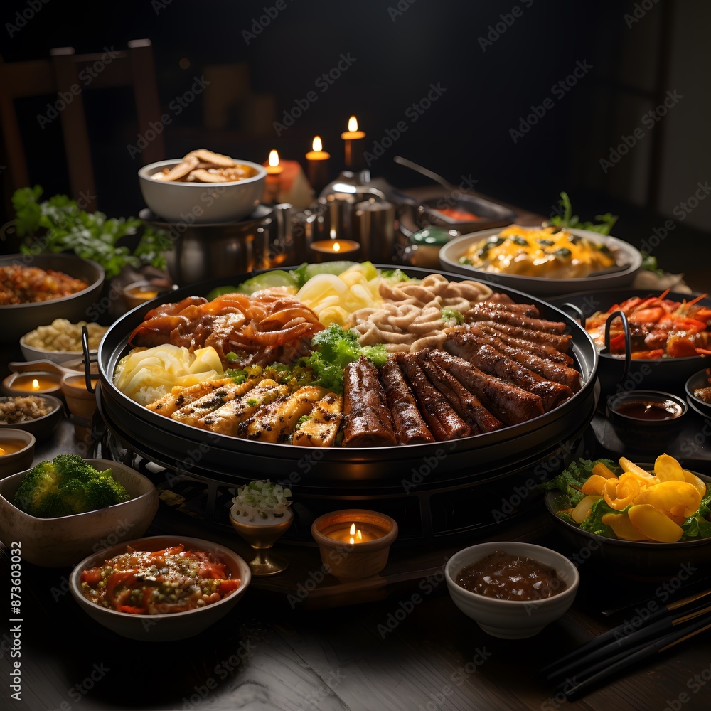 Obraz premium traditional Korean food table, aerial view with many side dishes