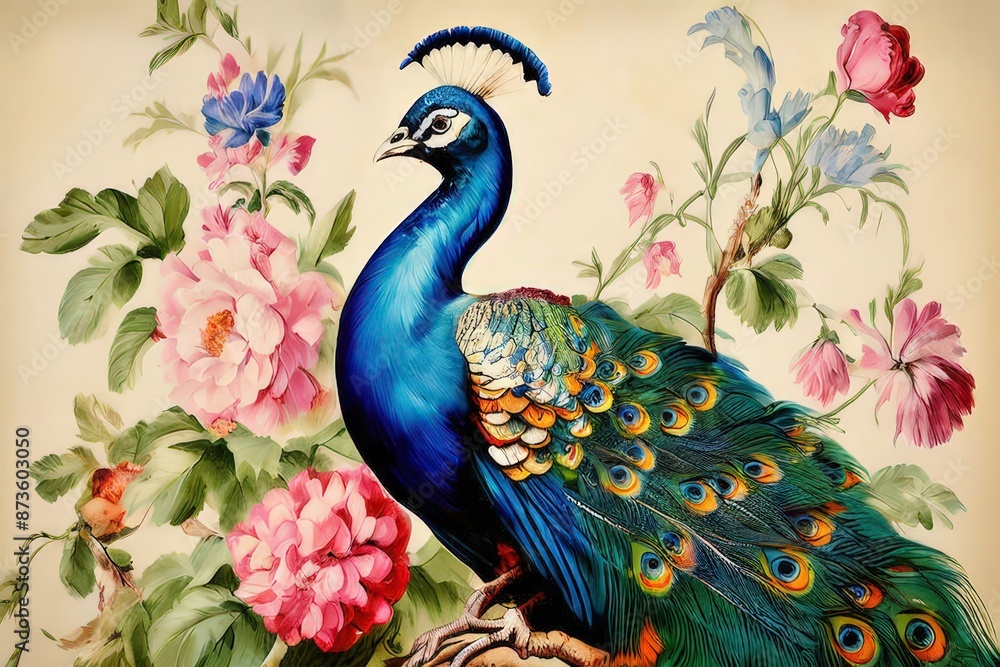 Fototapeta premium an ai generated image, peacock portrait on background of flowers vintage