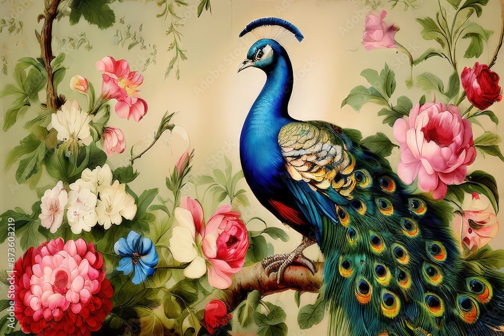an ai generated image, peacock portrait on background of flowers vintage an ai generated image, peacock portrait on background of flowers vintage