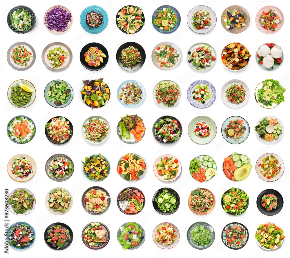 Set of many different salads isolated on white, top view Set of many different salads isolated on white, top view