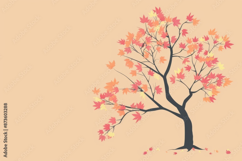 Fototapeta premium Stylized illustration of a lone autumn tree with vibrant red and yellow leaves on a soft beige background, depicting a peaceful fall season.