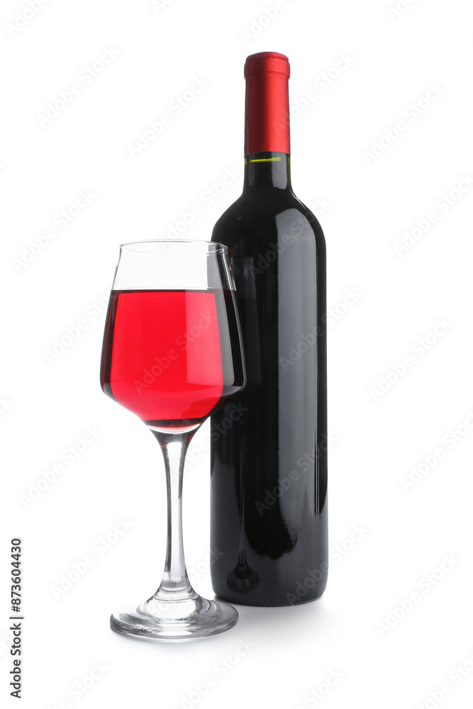Glass and bottle of exquisite wine on white background Glass and bottle of exquisite wine on white background