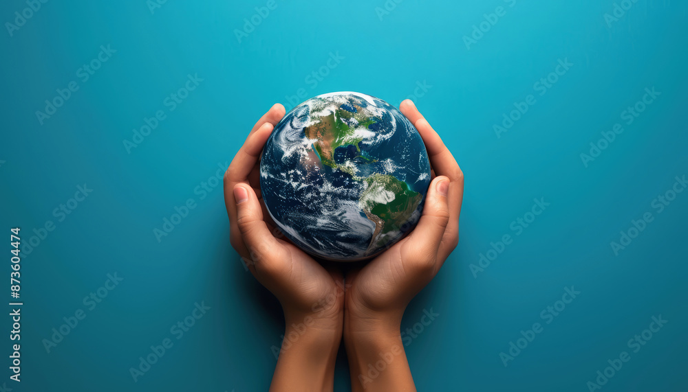 Two hands cradle a miniature Earth against a vivid blue background Two hands cradle a miniature Earth against a vivid blue background